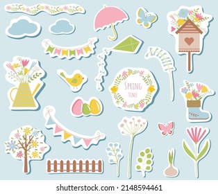 Set of colorful stickers. Spring summer seamless pattern set for mother's and women's day. Romantic vector design for paper and invitation