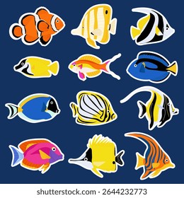 Defina adesivos coloridos peixes tropicais em estilo plano. Ideal para materiais educativos, projetos marinhos e projetos temáticos de aquário.