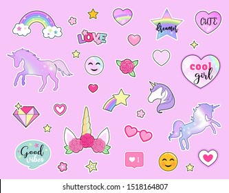 Set of colorful stickers with unicorns, rainbows, flowers and hand drawn lettering quotes. Vector.