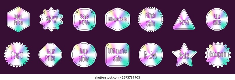 A set of colorful stickers with various shapes and sizes, including stars, squares, and triangles. The stickers are arranged in a grid pattern on a purple background