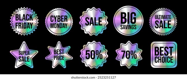 Um conjunto de adesivos coloridos com as palavras Cyber Friday, Black Friday, Venda, Grande Venda, Ultimate Sale, Melhor Preço, Melhor Escolha e 70% de desconto