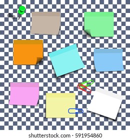 Set of colorful sticky with different color and shadow, as well as paper clips and buttons. Vector illustration.