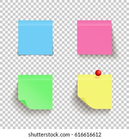 Set of colorful sticky notes with curled corner and red pin on transparent background. Paper. Vector.