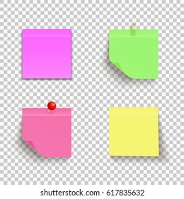 Set of colorful sticky notes with curled corner and red pin on transparent background. Paper. Vector.