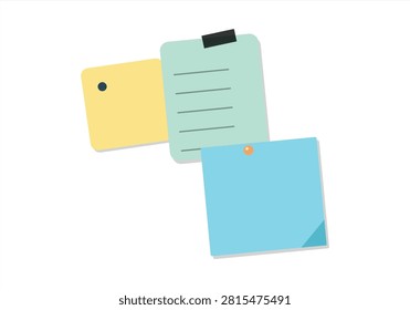 A set of colorful sticky notes and memo paper sheets, pinned together for reminders, presented as a clear flat design vector illustration isolated on a white background.