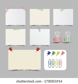 Set of colorful sticky notes and pins. Paper clips. Isolated vector illustration. 