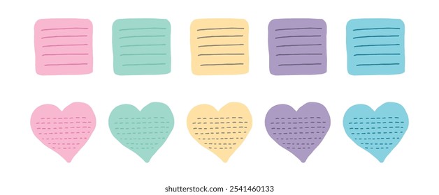 Conjunto de notas adhesivas coloridas en Formas rectangulares y corazón aisladas sobre fondo blanco. Concepto de suministros de oficina, lindo papelería, herramientas de Organización, Diseños creativos, elemento de diseño minimalista