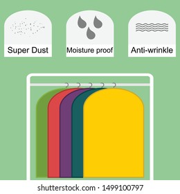 Set of colorful storage dust proof covers for clothes with three icons with symbols