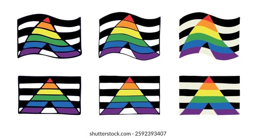 Set of colorful Straight ally pride flag Happy pride day LGBTQIA community Pride Month Vector hand drawn doodle for posters, stickers, logo, cards