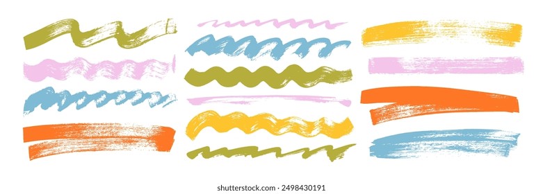 Set of colorful straight bold brush strokes and wavy thick lines. Dirty grunge paint brush strokes, underlines, highlights. Social media business banner art, highlight marker lines for text and design