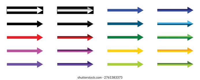 Set of colorful straight long thin right arrow icons with long tails and sharp heads in flat design style isolated on white background.