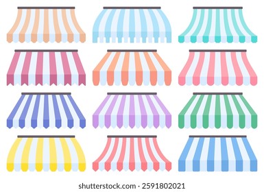 Set of a colorful stripe awning illustration, different shapes of an awning vector illustration isolated on a white background