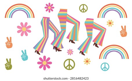 Set of colorful striped bell-bottom pants combined with retro peace signs and rainbow illustrations on white background.