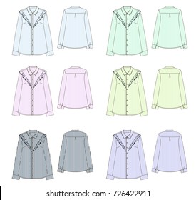   Set of colorful striped  blouses with Ruffels with long sleeve. Fashion Illustration back and front part technical sketch