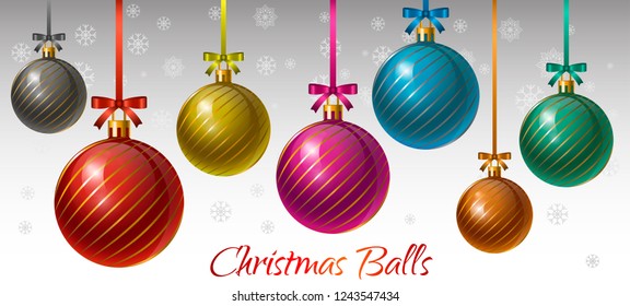 Set of colorful striped Christmas balls with bows and ribbons. Design elements. Vector illustration.