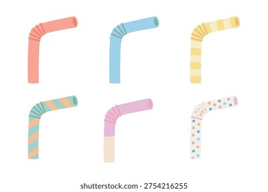 Set of colorful striped drinking straws for party and beverage flat vector