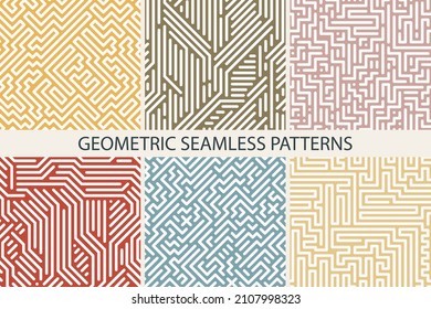 Set of colorful striped seamless vector patterns - delicate design. Abstract geometric digital backgrounds