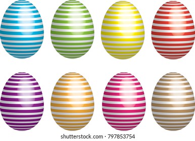 Set of colorful stripped Easter egg. 3d vector.