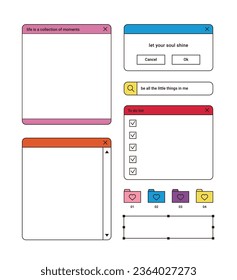 A set of colorful style web, app, browser, social media, internet and computer related source and frame template illustrations.