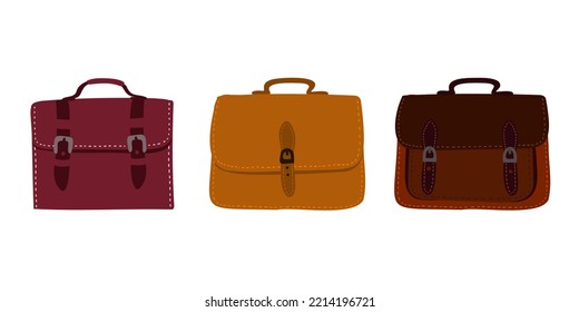 Set of colorful stylish cartoon female bags isolated on white background. Collection of luxury modern leather accessories.
Flat vector illustration
