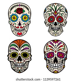 Set of colorful sugar skull isolated on white background. Day of the dead. Dia de los muertos. Design element for poster, card, banner, print. Vector illustration