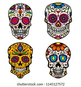 Set of colorful sugar skull isolated on white background. Day of the dead. Dia de los muertos. Design element for poster, card, banner, print. Vector illustration