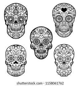 Set of colorful sugar skull isolated on white background. Day of the dead. Dia de los muertos. Design element for poster, card, banner, print. Vector illustration