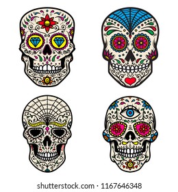 Set of colorful sugar skull isolated on white background. Day of the dead. Design element for poster, card, banner, print. Vector illustration