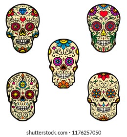 Set of colorful sugar skull isolated on white background. Day of the dead. Design element for poster, card, banner, print. Vector illustration