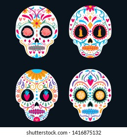 Set of colorful sugar skull isolated. Day of the dead, Dia de Los Muertos, banner/poster with colorful Mexican flowers,skull, candle. Fiesta, holiday poster, party flyer, funny greeting card, template