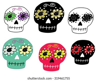 set of colorful sugar skulls day of the dead concept Dia De Los Muertos