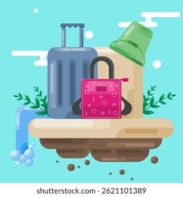 Set of colorful suitcases and bucket on a floating island with waterfall. Flat illustration for summer travel, packing, vacation, and holiday concepts. Perfect for journeys and getaways.