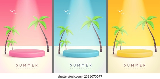Coloridos fondos veraniegos con escenario de plástico, palmeras y luz spot. Escena mínima colorida. Ilustración del vector