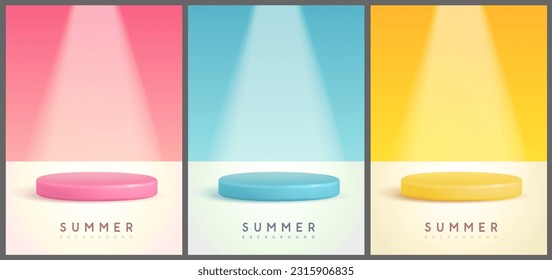 Set of colorful summer backgrounds with stage and spot light. Colorful minimal scene. Vector illustration