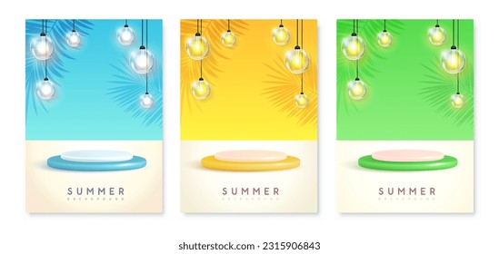 Set of colorful summer backgrounds with stage, electric lamps and palm leaves. Colorful minimal scene. Vector illustration