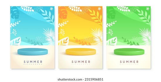 Set of colorful summer backgrounds with stage and tropic leaves. Colorful minimal scene. Vector illustration