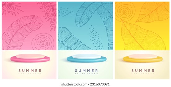 Eine Reihe von bunten Sommerhintergründen mit Bühne und tropischen Blättern. Farbige Minimalszene. Vektorgrafik