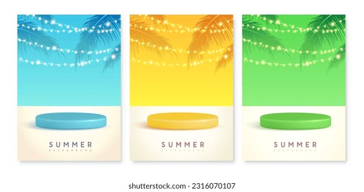 Set of colorful summer backgrounds with stage, string of lights and palm leaves. Colorful minimal scene. Vector illustration