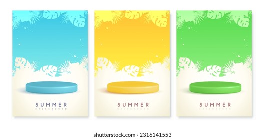 Set of colorful summer backgrounds with stage and tropic leaves. Colorful minimal scene. Vector illustration