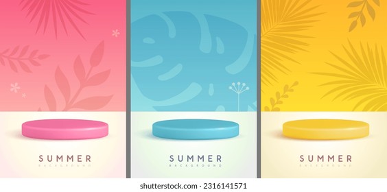 Set of colorful summer backgrounds with stage and floral tropic elements. Colorful minimal scene. Vector illustration