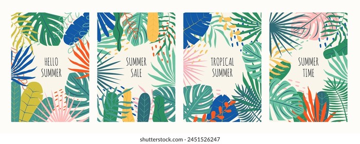 Set of colorful summer backgrounds with tropical palm leaves. Summer concept design. Botanical jungle leaves and floral frame for summer sale banners, poster, card. Modern trendy minimal design.