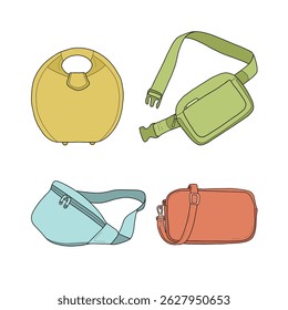 Set of colorful summer bags. Vector illustration of trendy handbags, crossbody bags, and belt bags. Stylish accessories for travel, vacation, and everyday use. Isolated on white.
