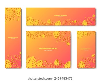 Set of colorful summer banner, background with tropical plant leaves. Vector illustration