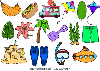 Set of colorful summer and beach clipart on white background.