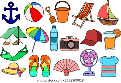 Set of colorful summer and beach clipart on white background.