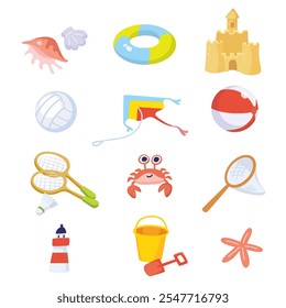 Сcollectieset kleurrijke zomer en strand gerelateerde iconen objecten items voor kinderen. zee kust zomer vakantie set