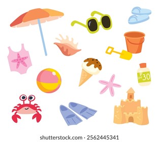 Сollection set colorful summer and  beach related icons objects items for kids.  sea coast summer vacation set