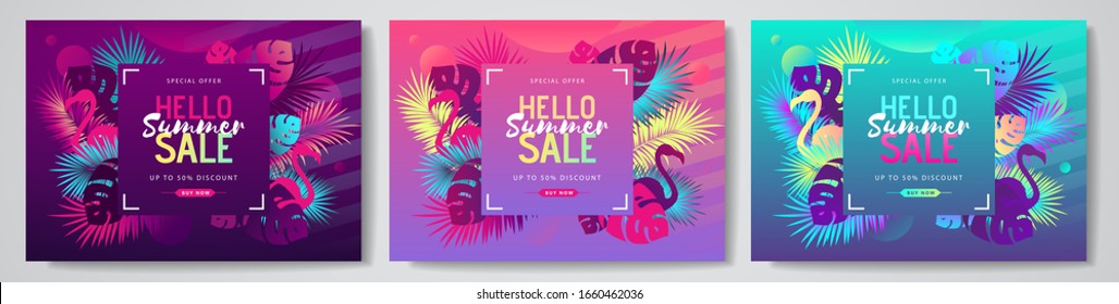 Set of colorful summer big sale tropical gradient banners with fluorescent tropic leaves. Summertime template collection.