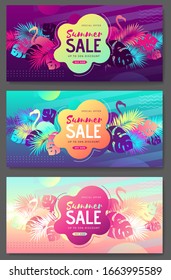 Set of colorful summer big sale tropical gradient banners with fluorescent tropic leaves and flamingo. Summertime template collection.