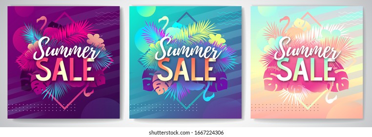 Set of colorful summer big sale tropical gradient banners with fluorescent tropic leaves and flamingo. Summertime template collection.